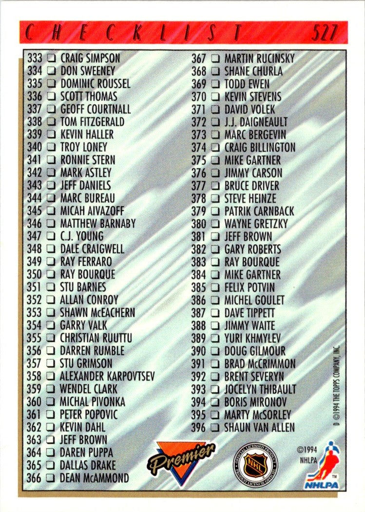 1993 O-Pee-Chee Premier Checklist 265-396