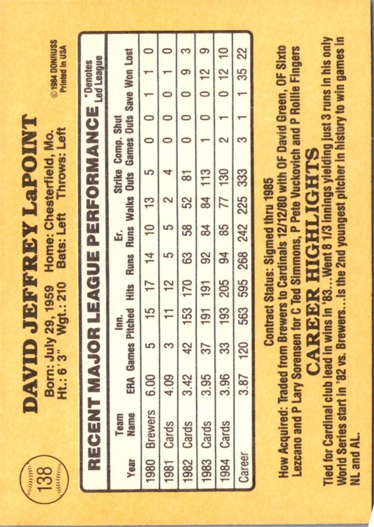 1985 Donruss Dave LaPoint