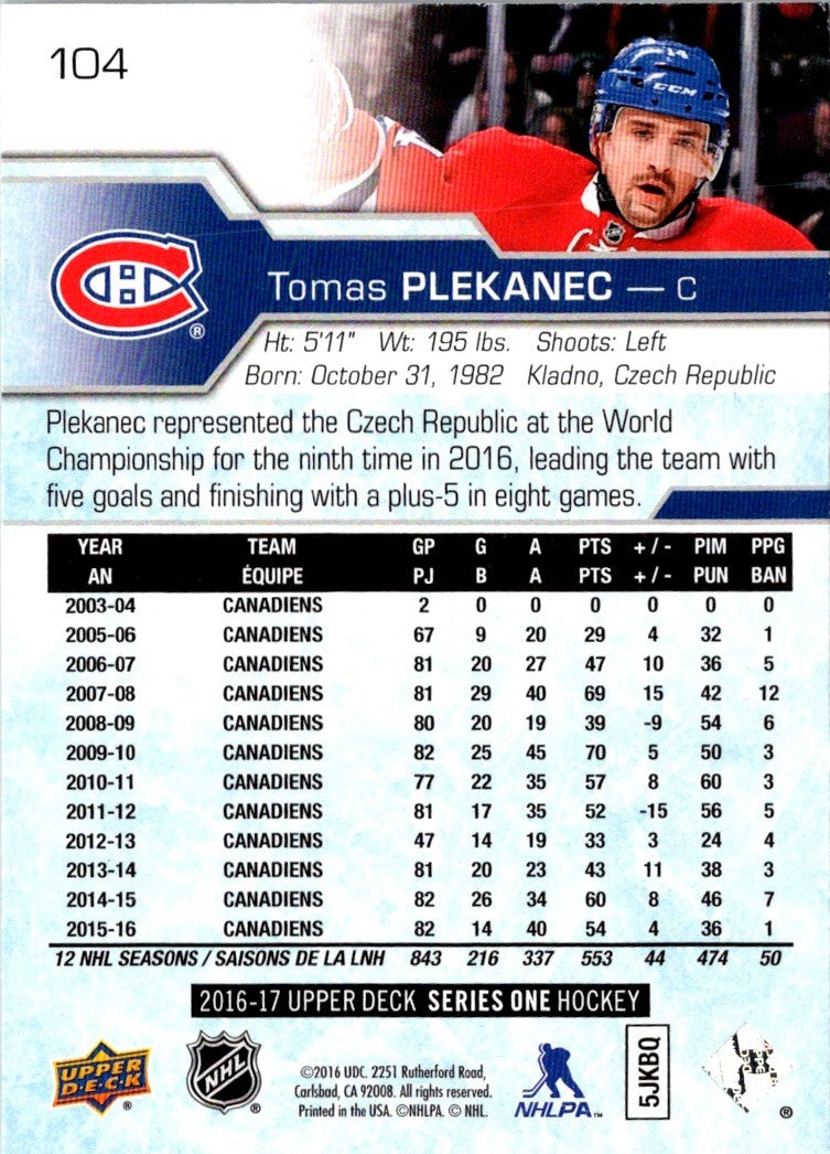 2016 Upper Deck Tomas Plekanec