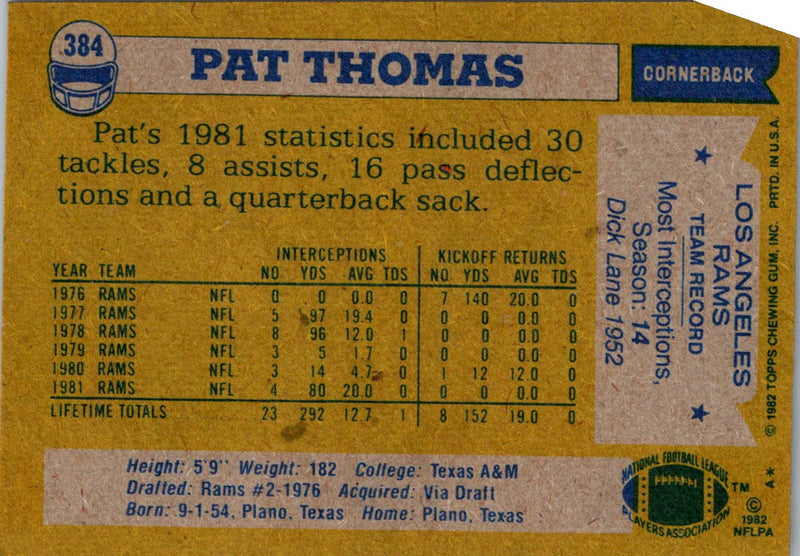 1982 Topps Pat Thomas