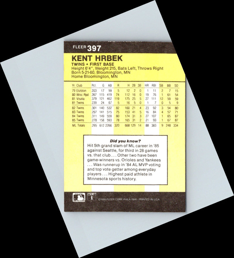 1986 Fleer Kent Hrbek