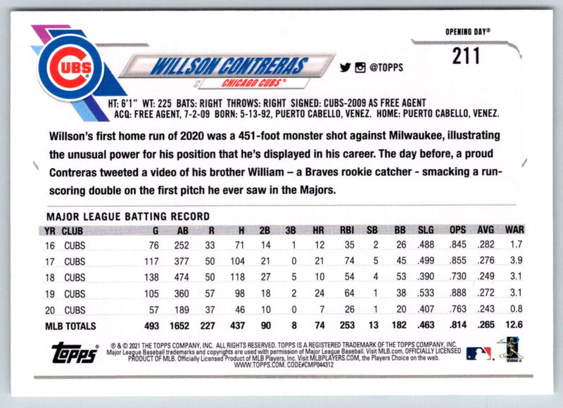 2021 Topps Opening Day Willson Contreras