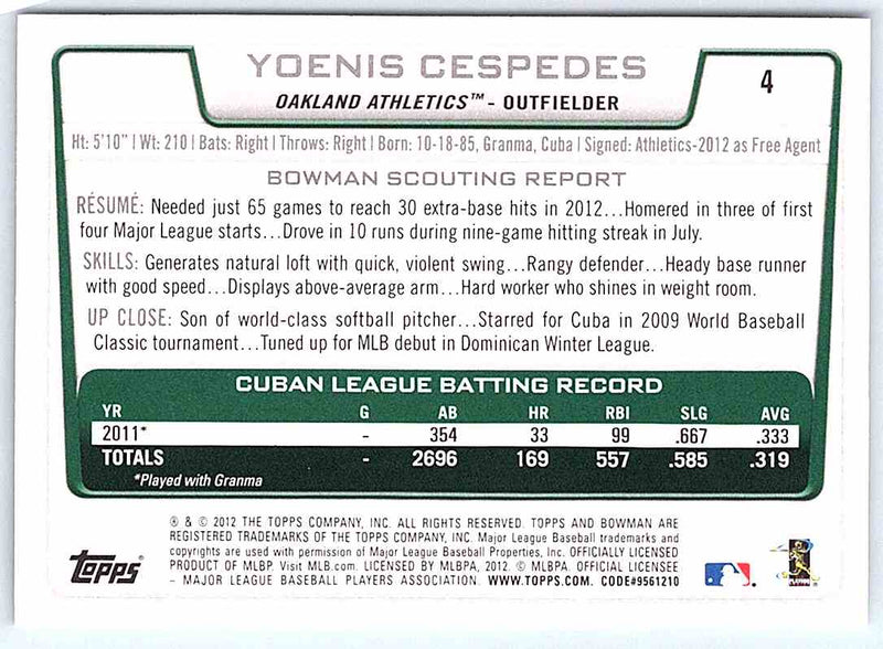 2012 Bowman Yoenis Cespedes