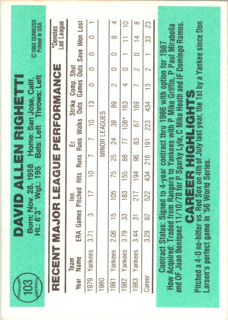 1984 Donruss Dave Righetti