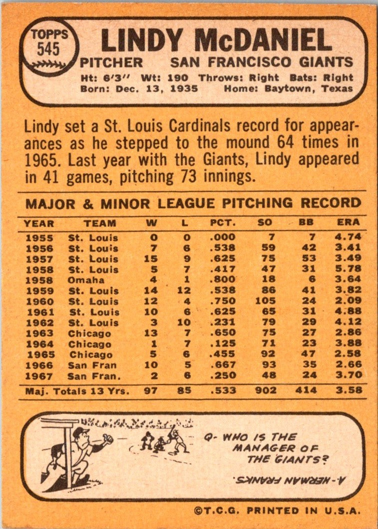 1968 Topps Lindy McDaniel