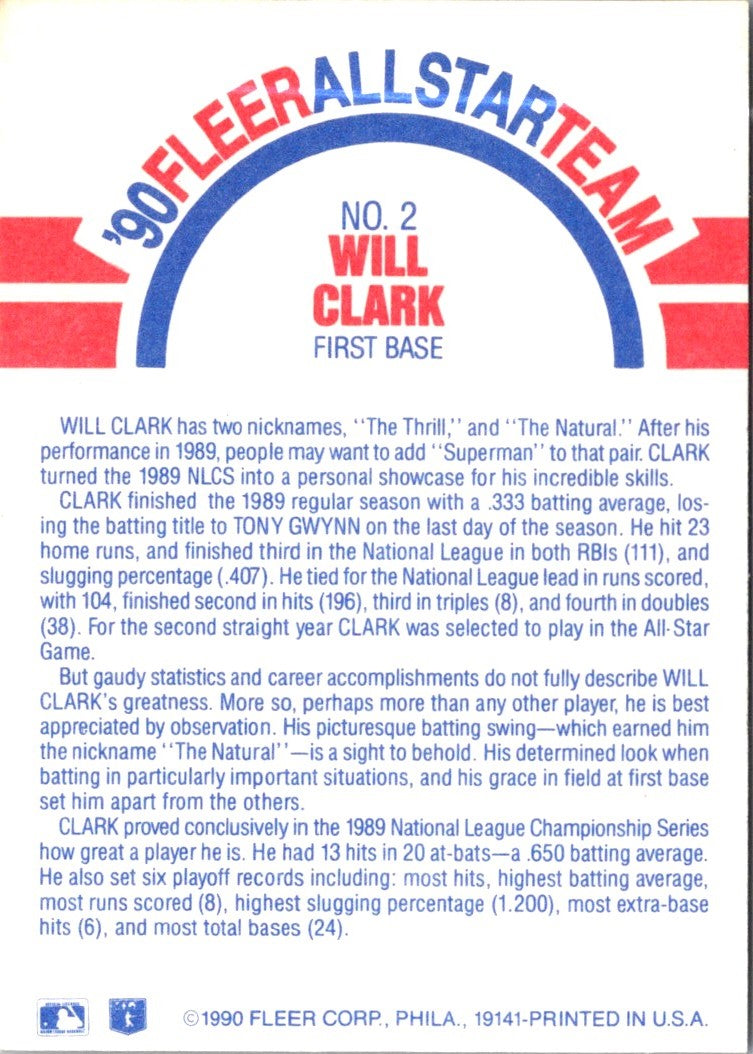 1990 Fleer All-Star Team Will Clark