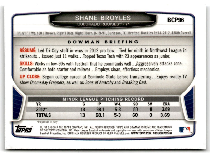 2013 Bowman Chrome Prospects Shane Broyles