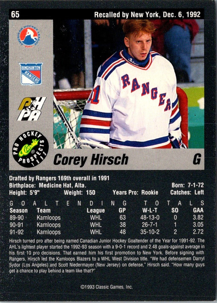 1993 Classic Pro Prospects Corey Hirsch