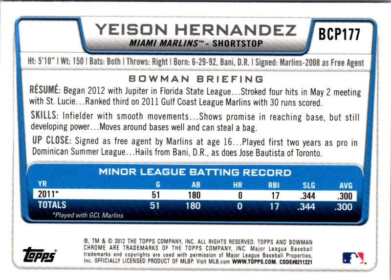 2012 Bowman Chrome Prospects Yeison Hernandez