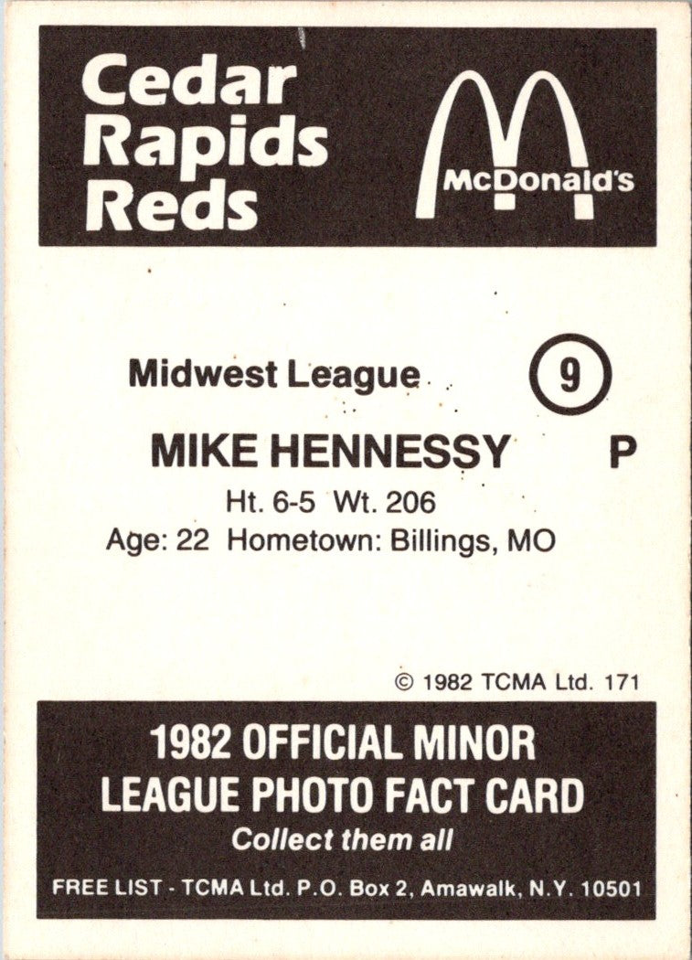 1982 TCMA Cedar Rapids Reds Mike Hennessey