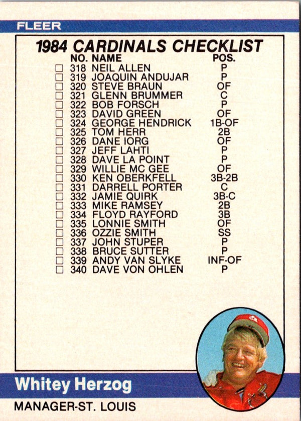 1984 Fleer Checklist: Cardinals/Teams #660