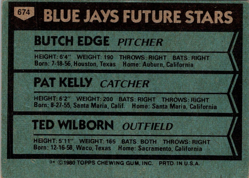 1980 Topps Blue Jays Future Stars - Butch Edge/Pat Kelly/Ted Wilborn