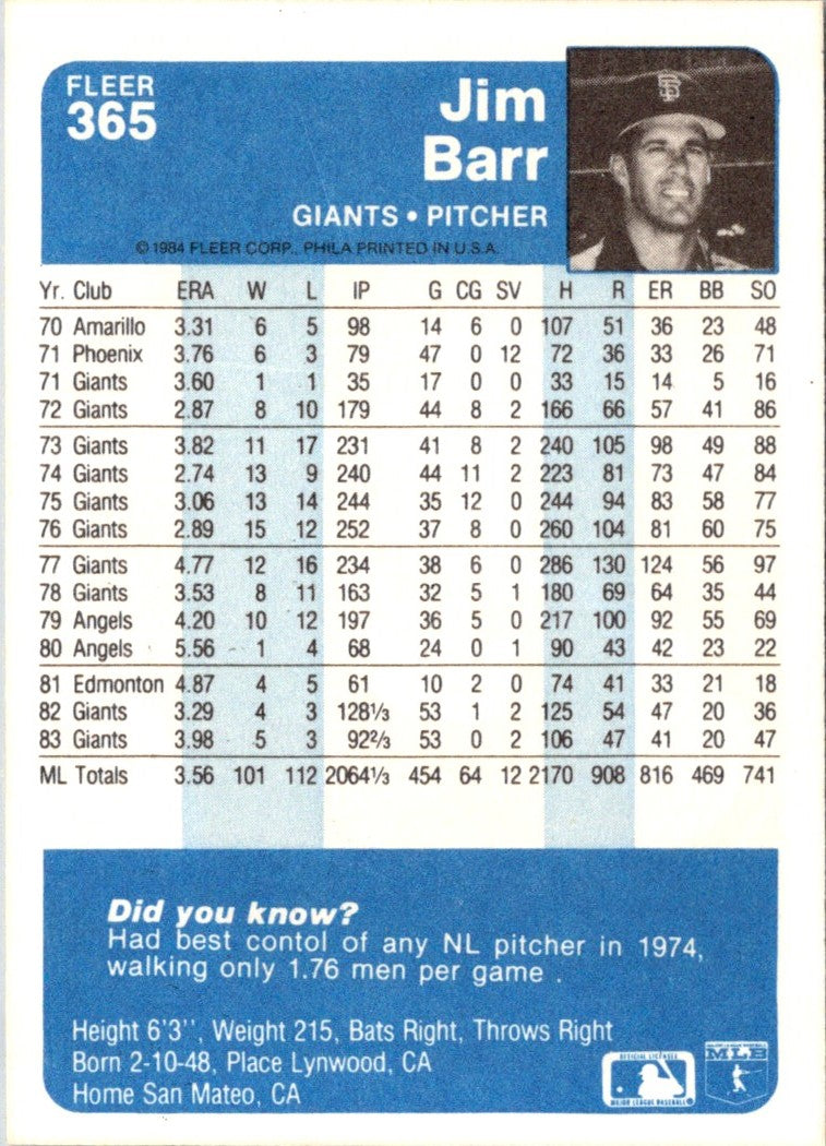 1984 Fleer Jim Barr