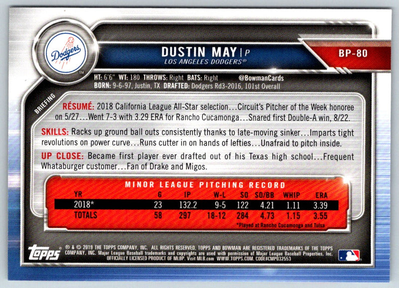 2019 Bowman Prospects Dustin May