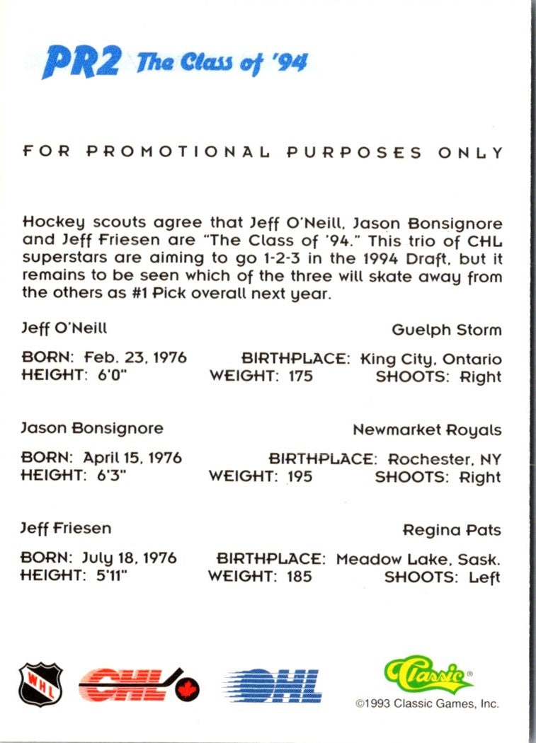 1993 Classic Promos Jeff O'Neill/Jason Bonsignore/Jeff Friesen