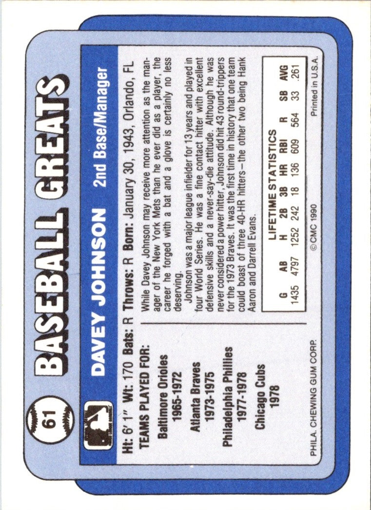 1990 Swell Baseball Greats Davey Johnson