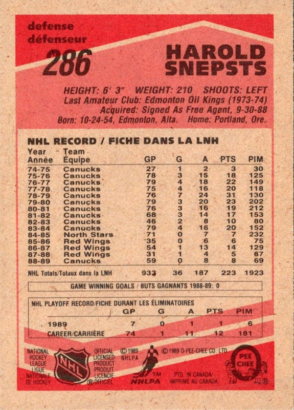 1989 O-Pee-Chee Harold Snepsts #286