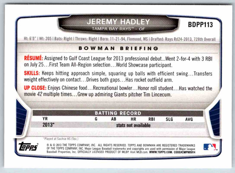 2013 Bowman Jeremy Hadley