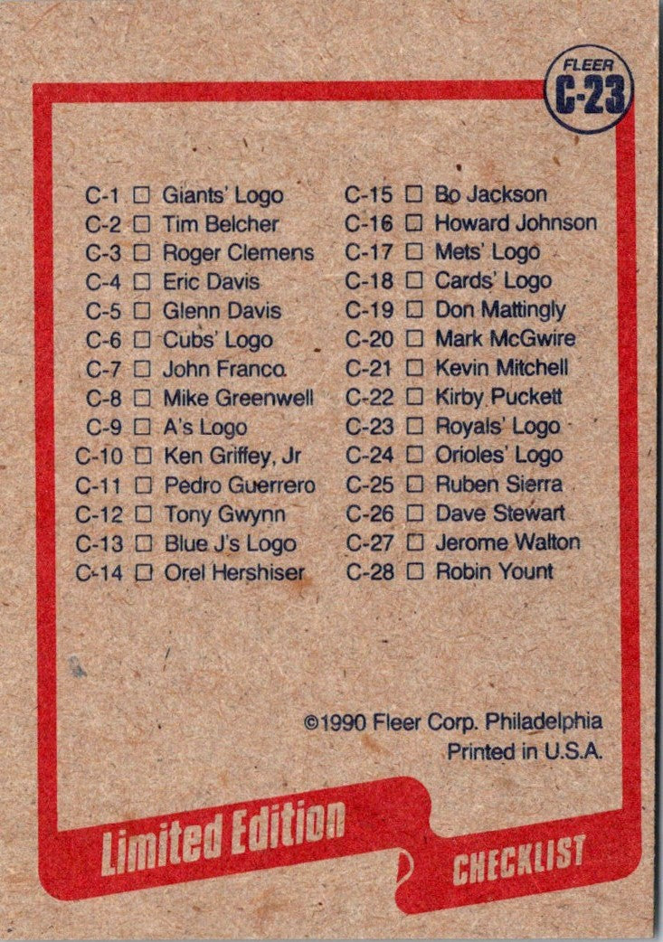 1990 Fleer Wax Box Cards Royals Logo