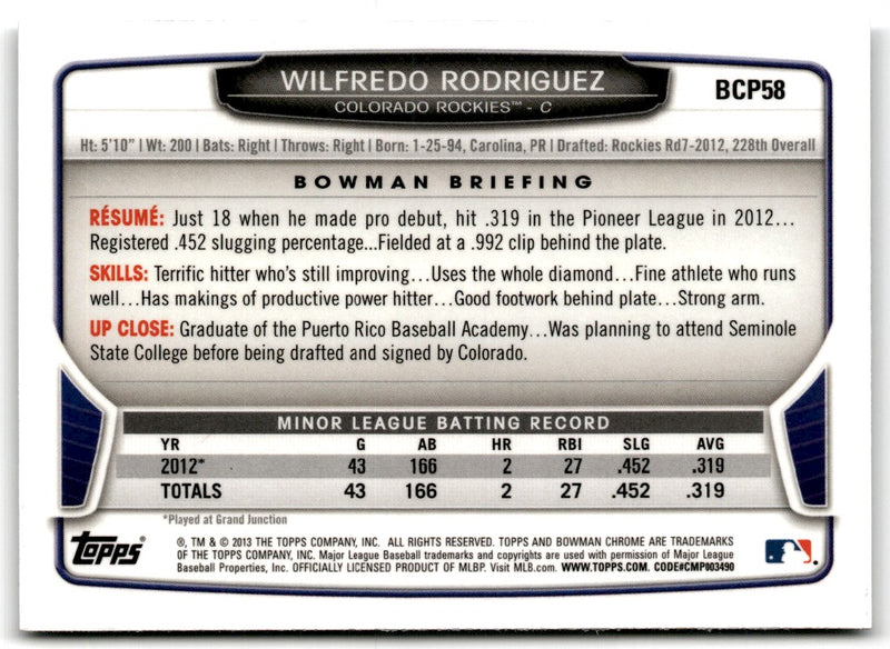 2013 Bowman Chrome Prospects Wilfredo Rodriguez