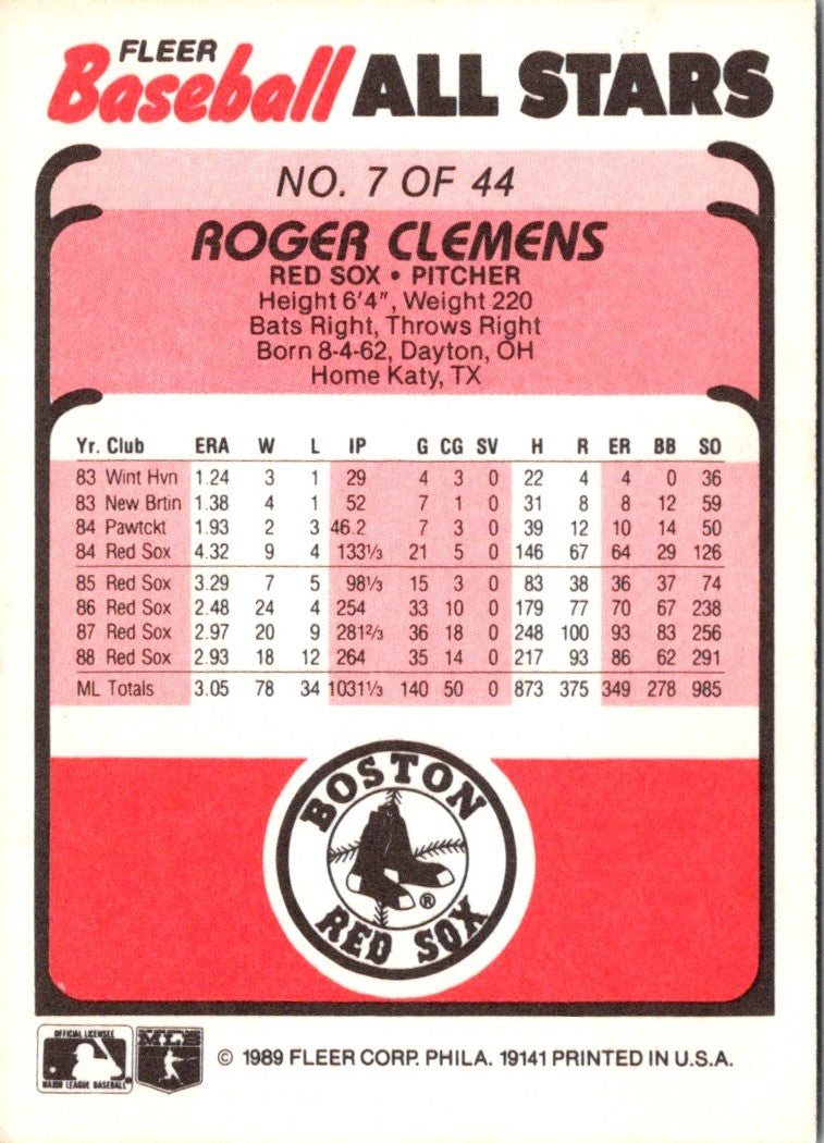 1989 Fleer Baseball All-Stars Roger Clemens