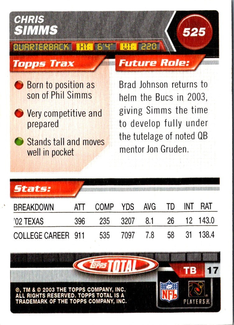2003 Topps Total Chris Simms