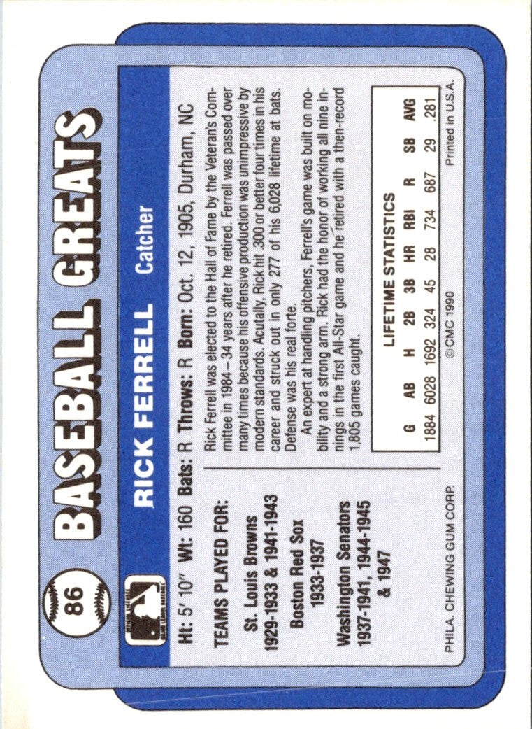 1990 Swell Baseball Greats Rick Ferrell