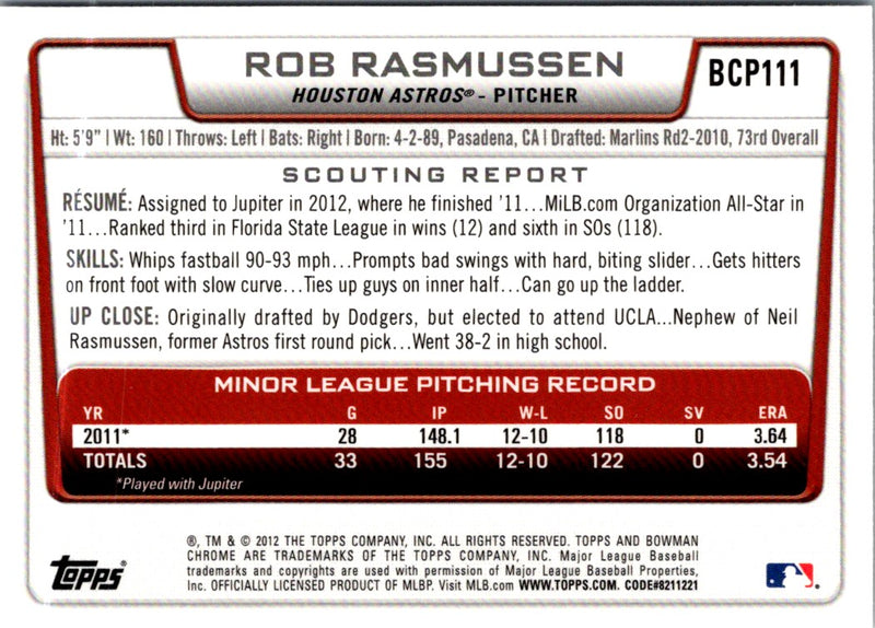 2012 Bowman Chrome Prospects Rob Rasmussen