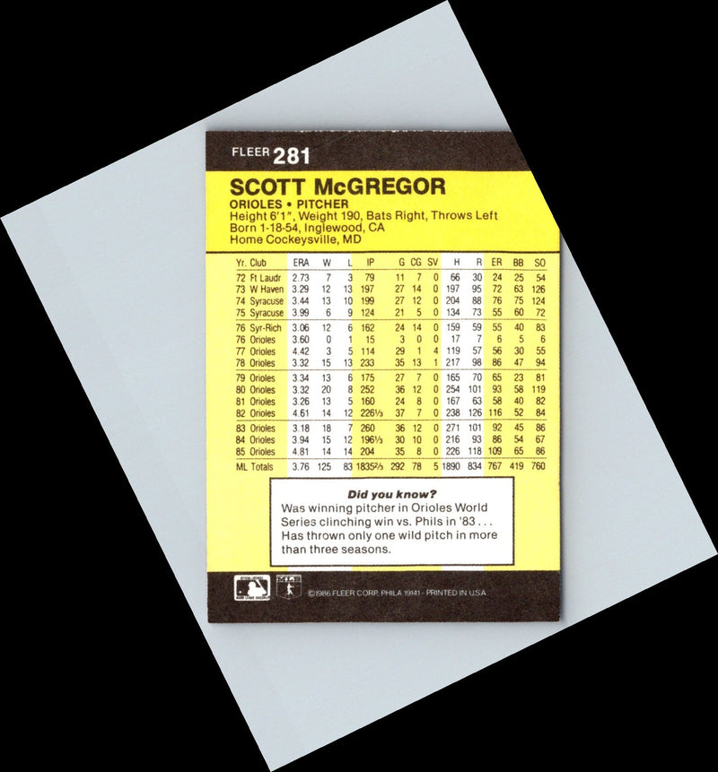 1986 Fleer Scott McGregor