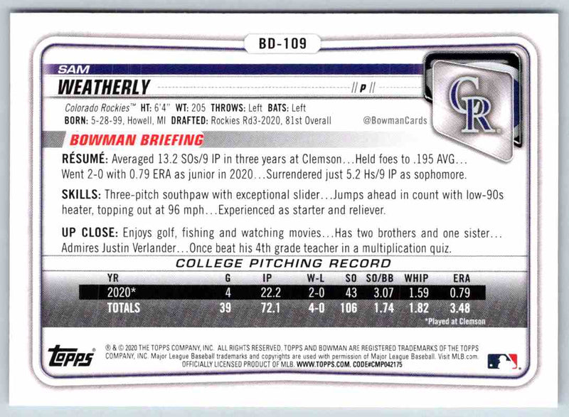 2020 Bowman Sam Weatherly