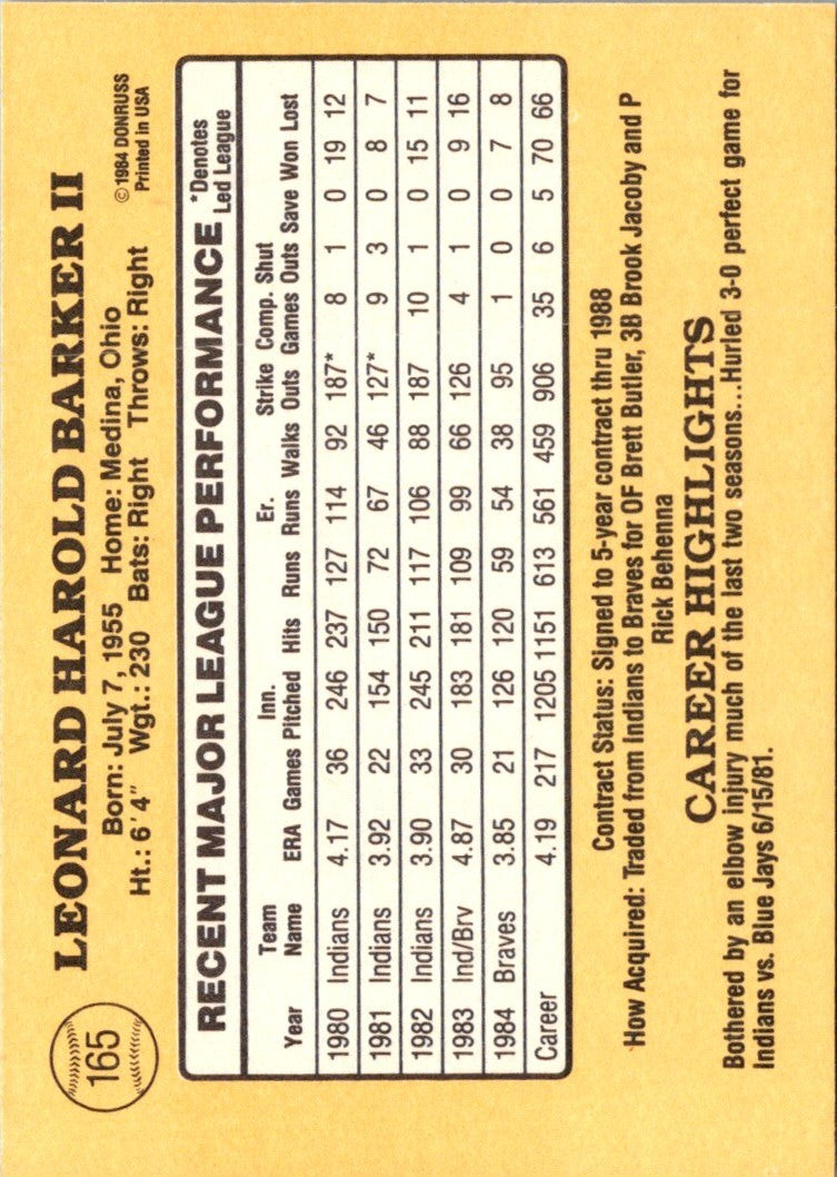 1985 Donruss Len Barker