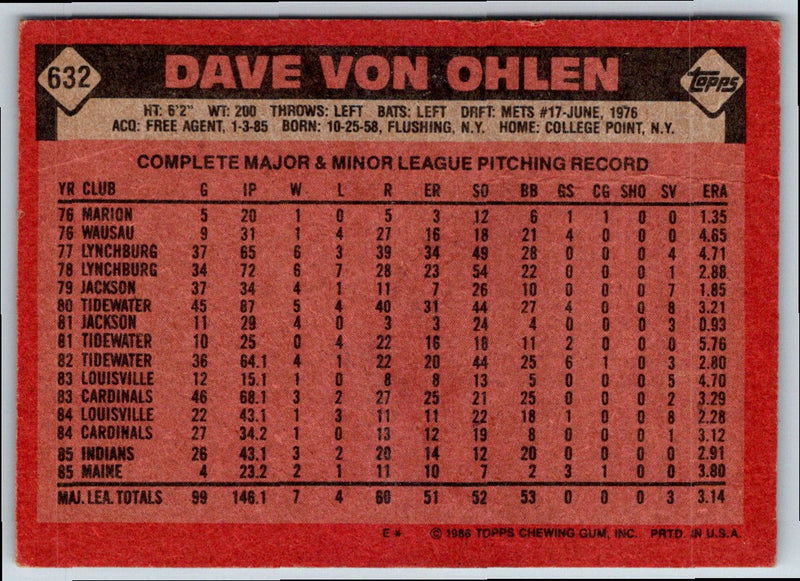 1986 Topps Dave Von Ohlen