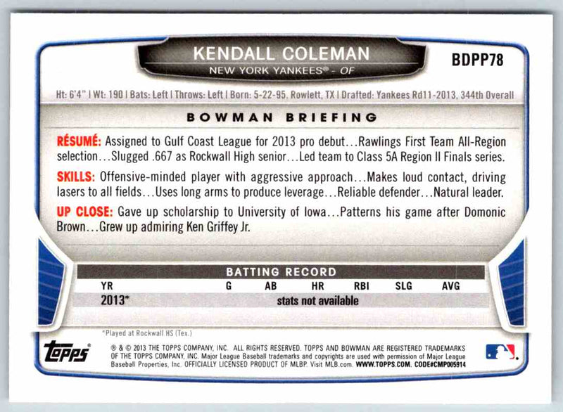 2013 Bowman Kendall Coleman