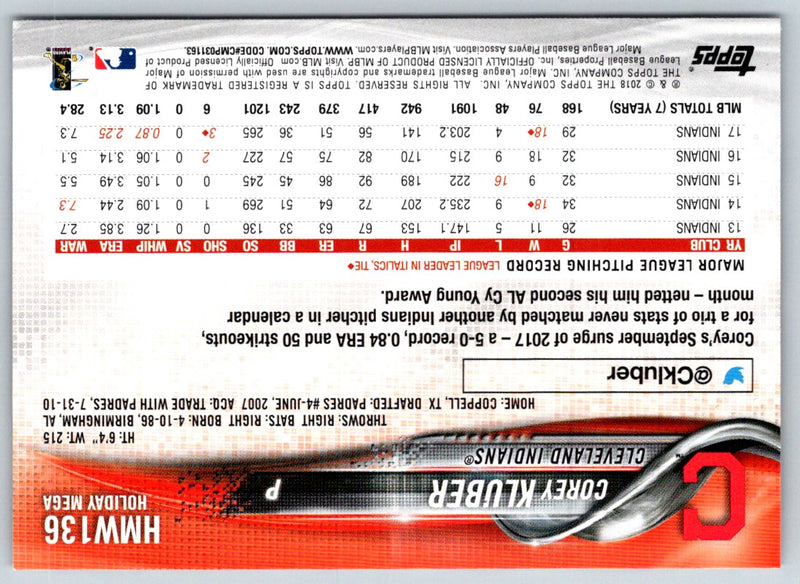 2018 Topps Holiday Corey Kluber