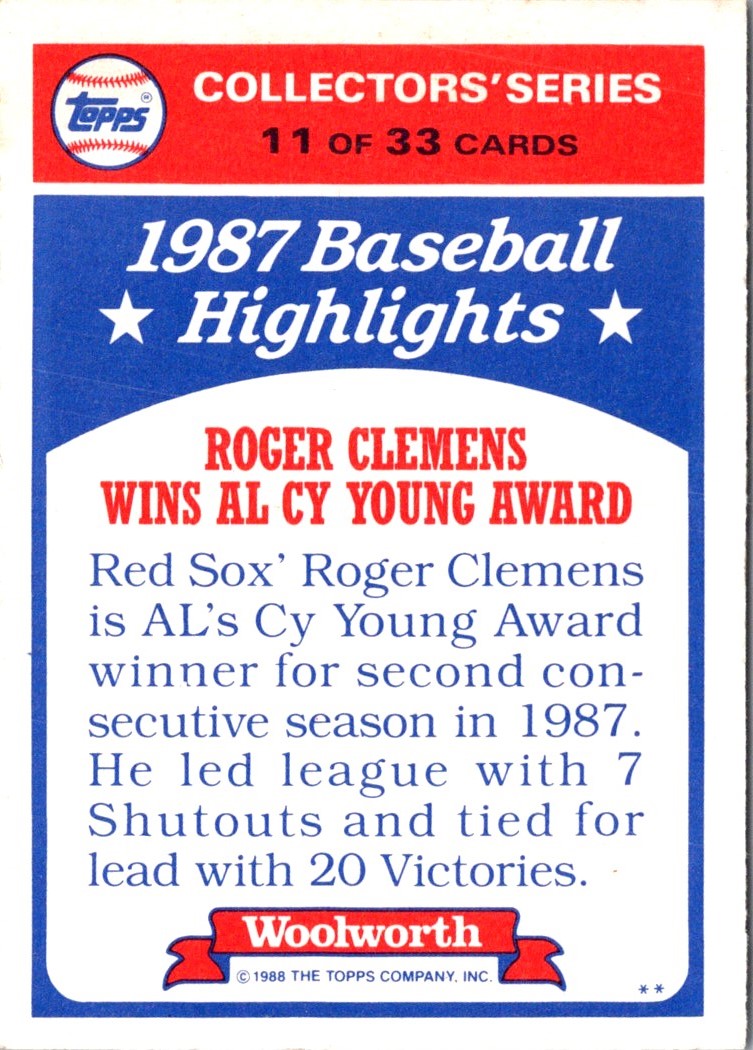 1988 Topps Woolworth Baseball Highlights Roger Clemens