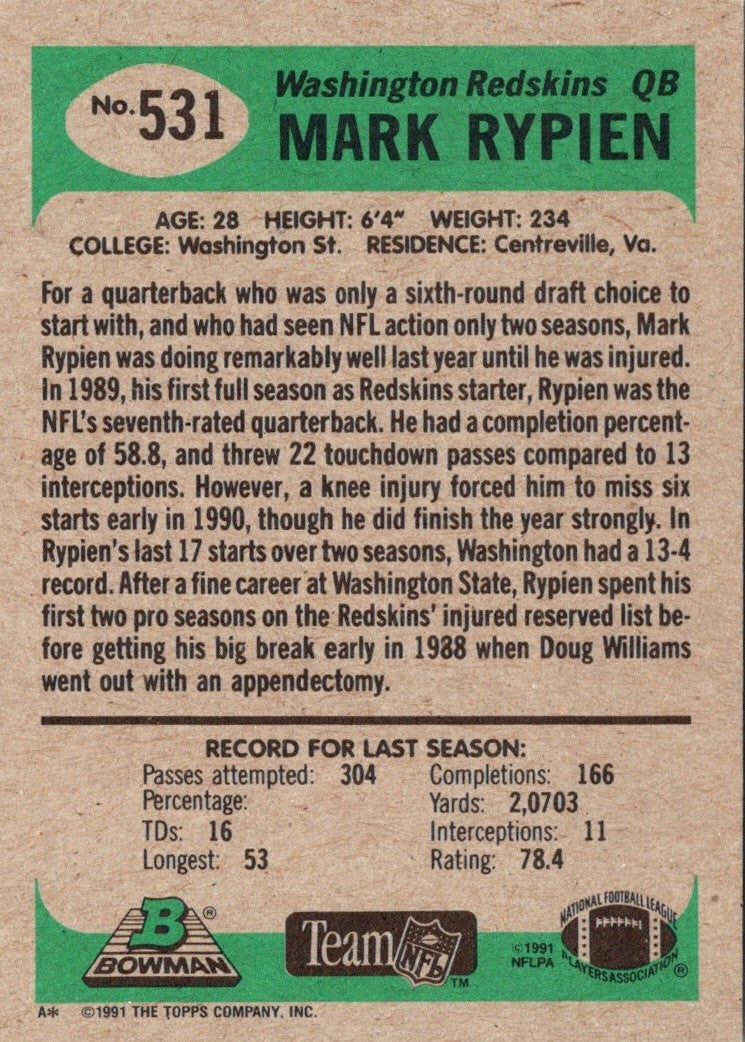 1991 Bowman Mark Rypien