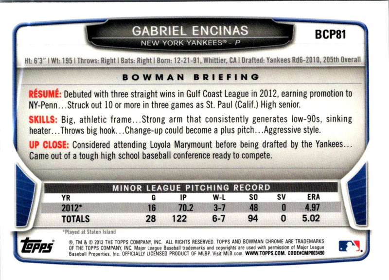 2013 Bowman Chrome Prospects Gabriel Encinas