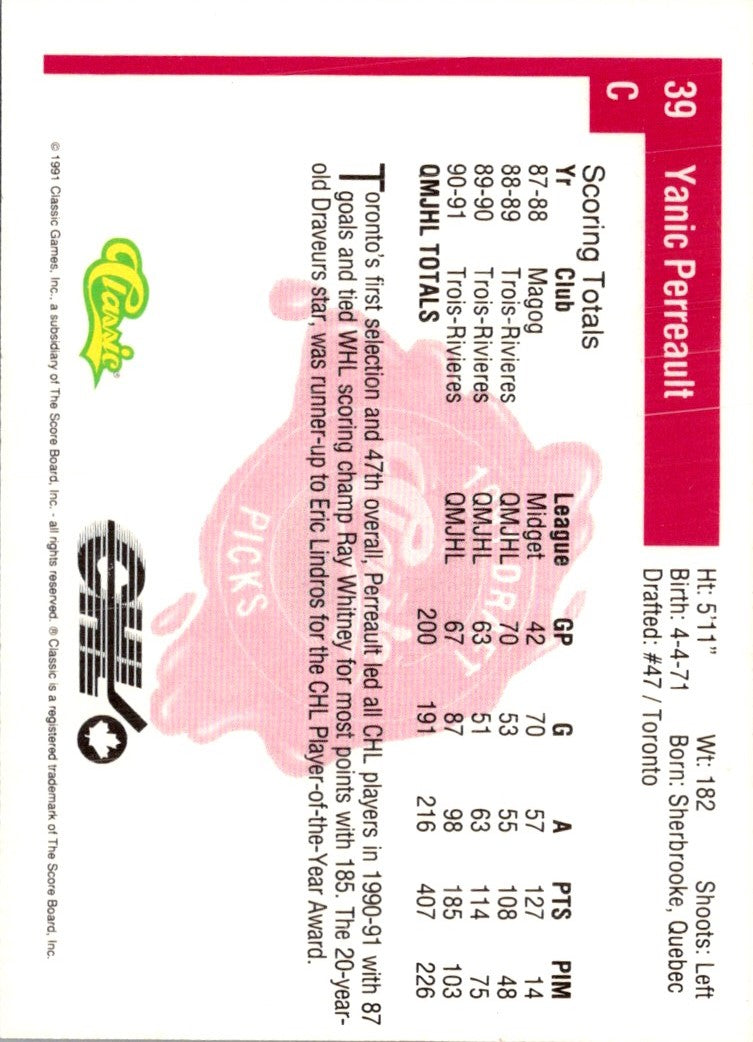 1991 Classic Draft Picks Yanic Perreault