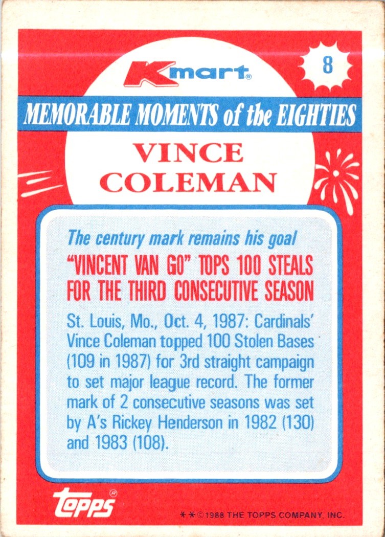 1988 Topps Kmart Memorable Moments Vince Coleman