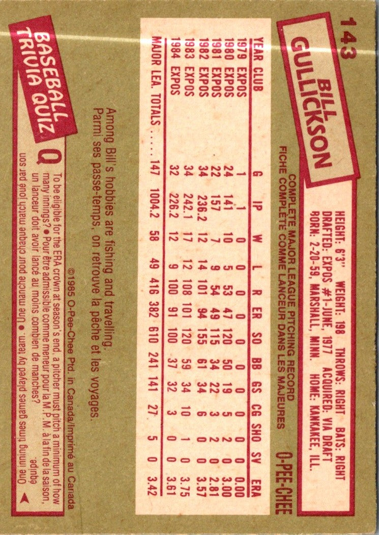 1985 O-Pee-Chee Bill Gullickson
