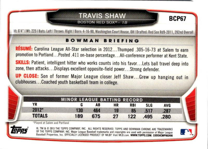 2013 Bowman Chrome Prospects Travis Shaw