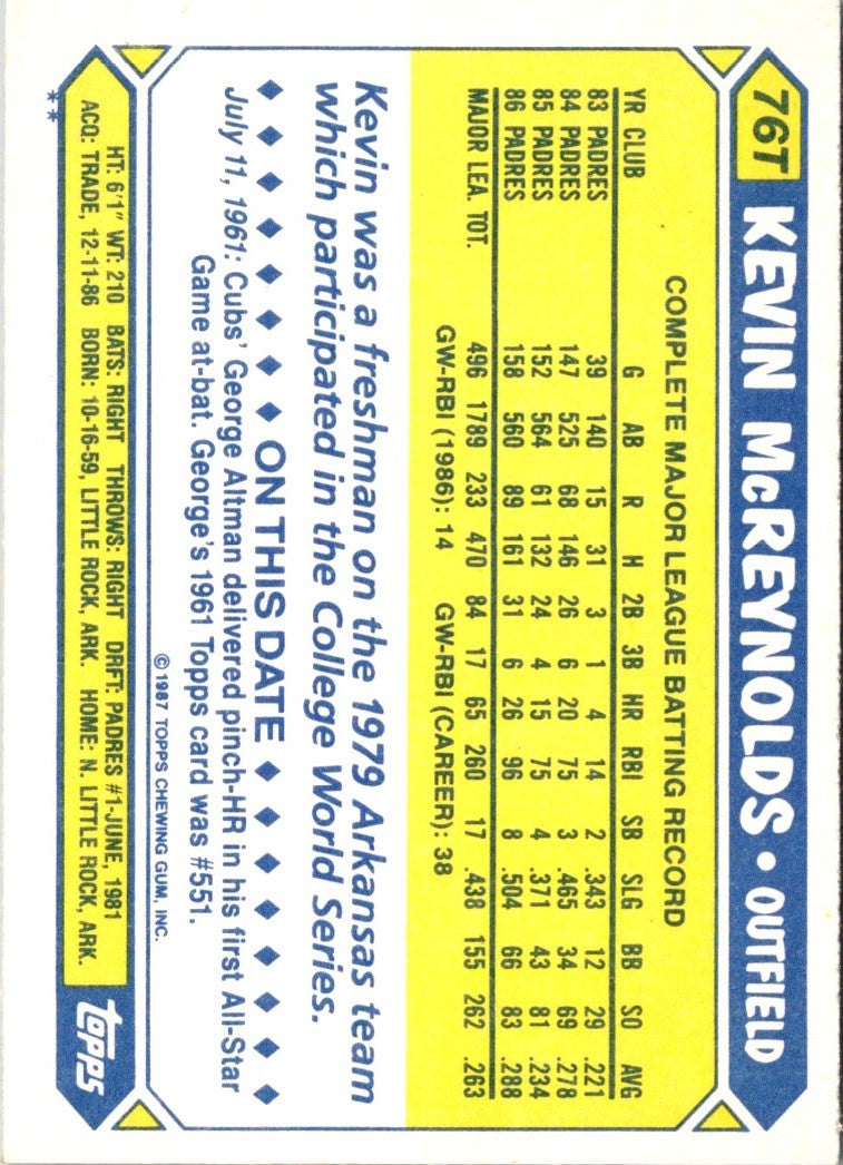 1987 Topps Traded Kevin McReynolds