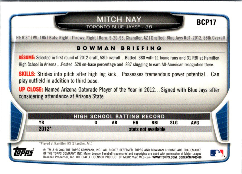 2013 Bowman Chrome Prospects Mitch Nay