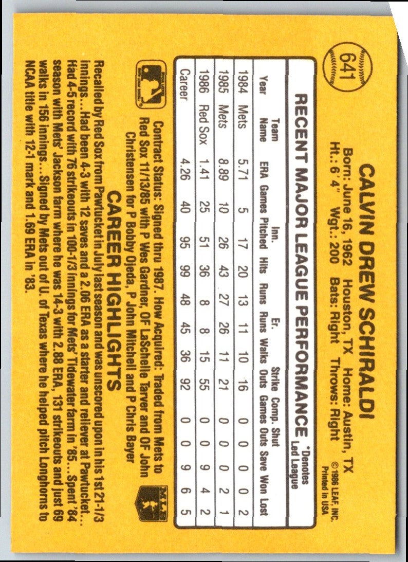 1986 Donruss Calvin Schiraldi