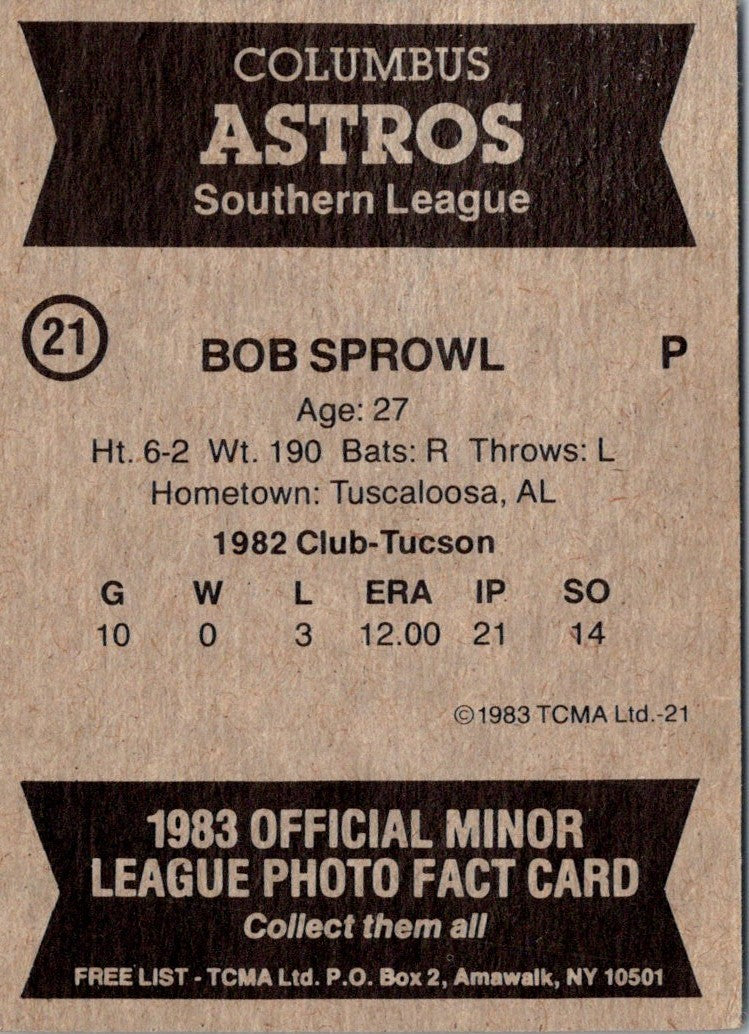 1983 TCMA Columbus Astros Bob Sprowl