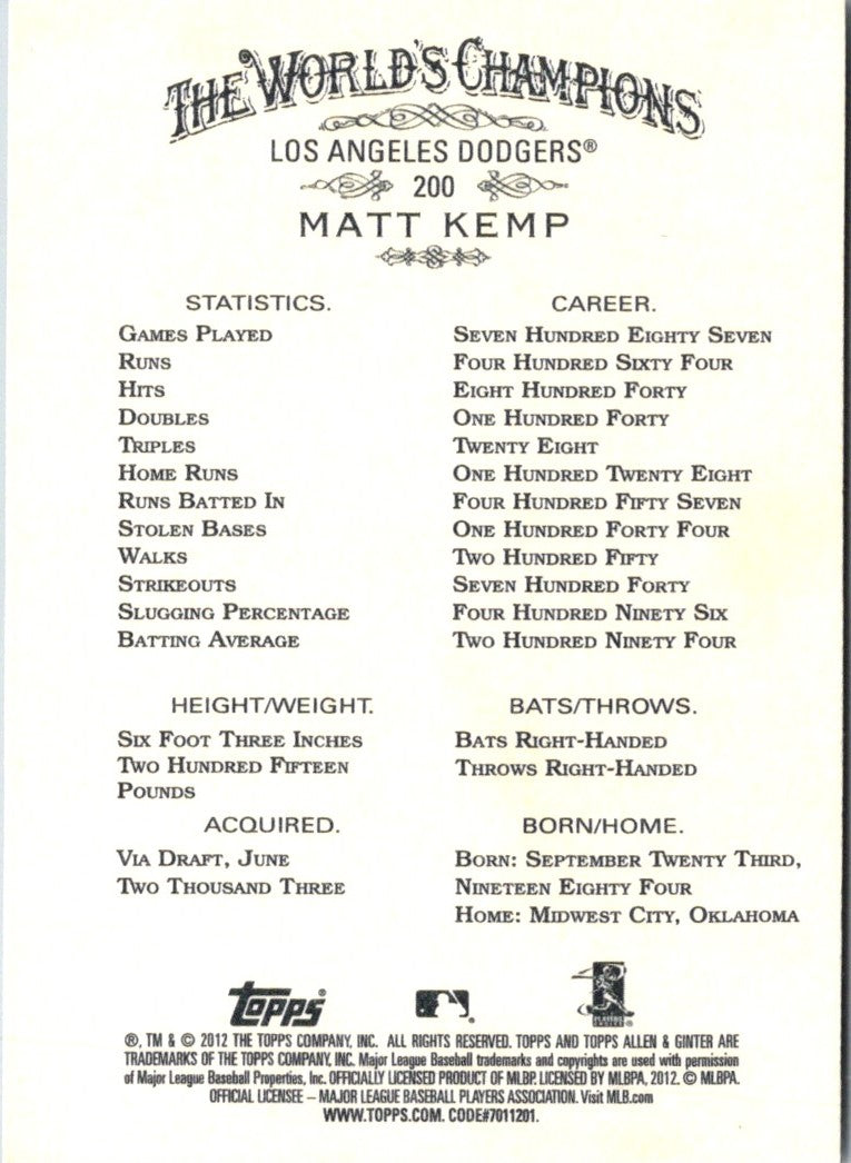 2012 Topps Allen & Ginter Matt Kemp