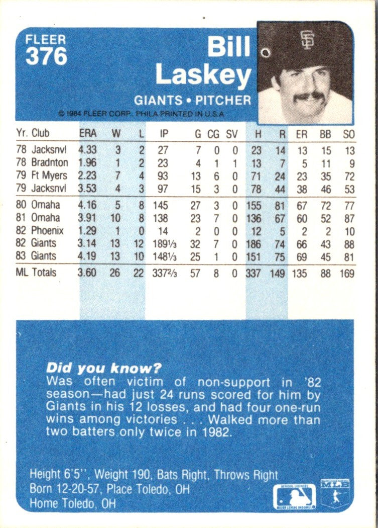 1984 Fleer Bill Laskey