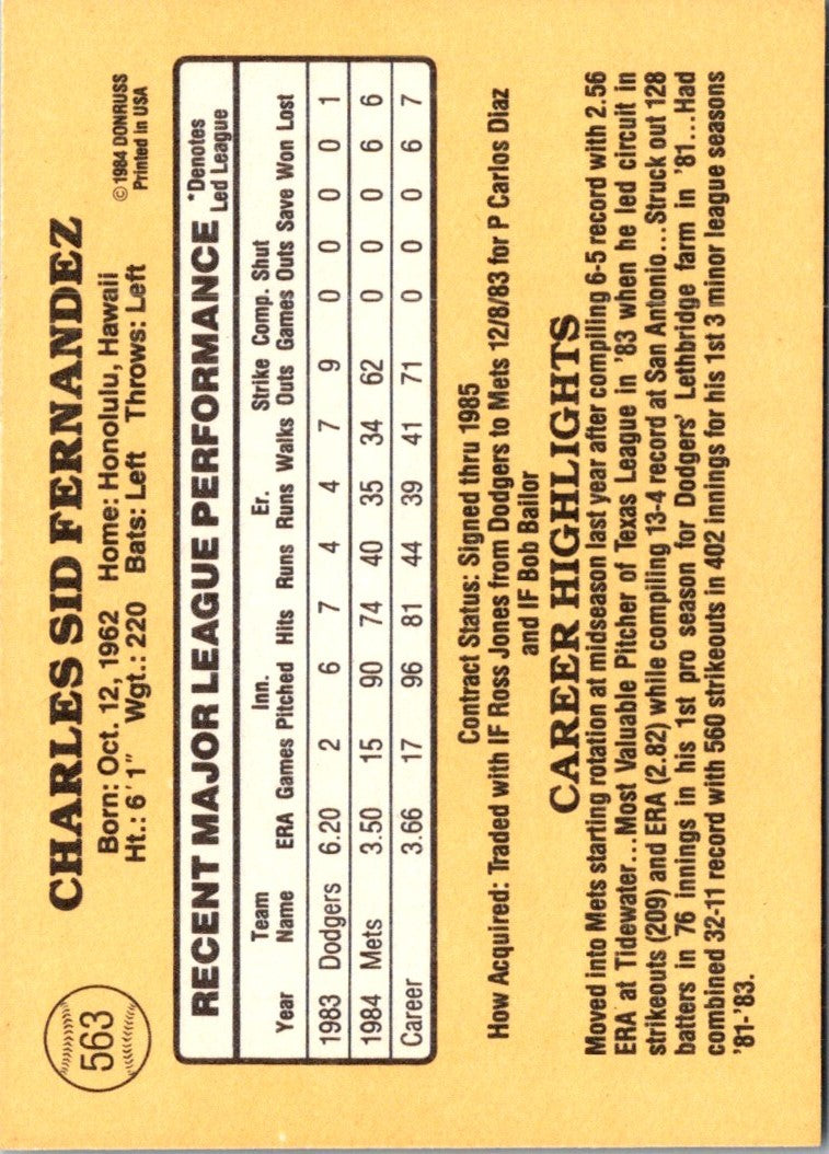 1985 Donruss Sid Fernandez