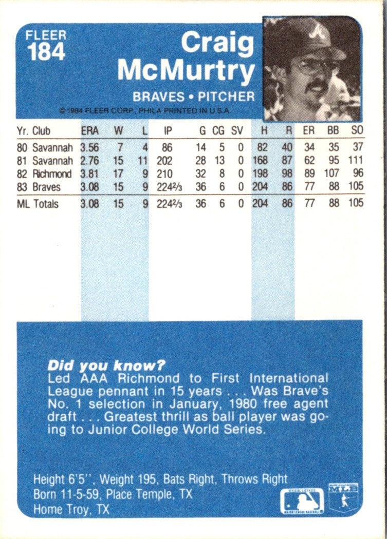 1984 Fleer Craig McMurtry