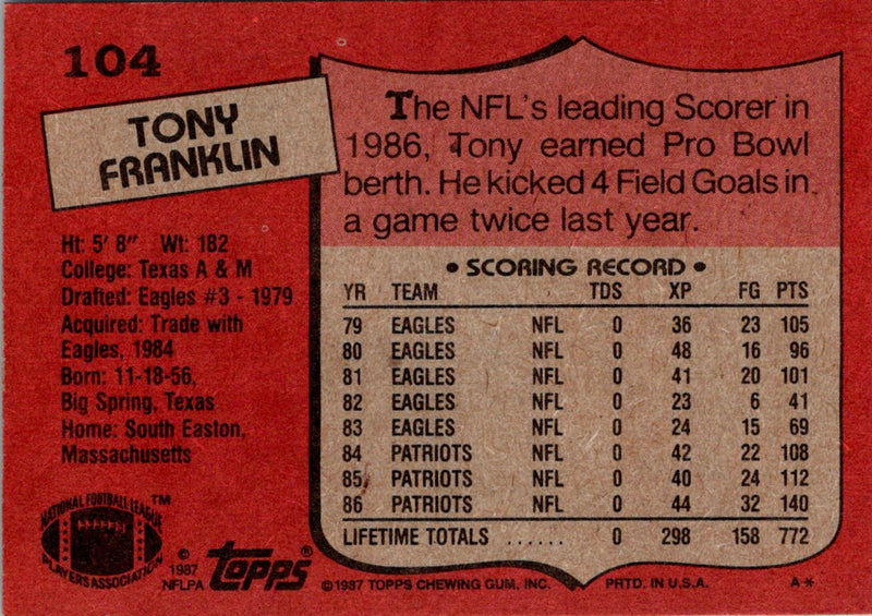 1987 Topps Tony Franklin